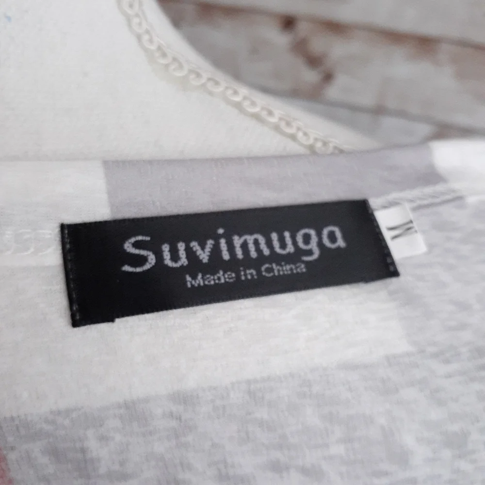 Suvimuga VNeck Top M Long Sleeved Red Gray Plaid 357A - Picture 5 of 7